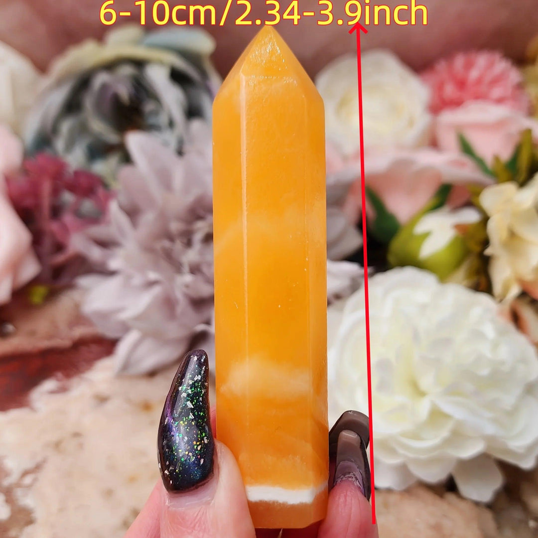 Polished Honey Calcite Crystal Tower in golden amber, activating solar plexus energy.