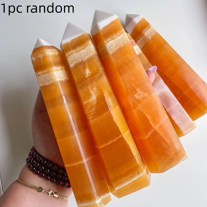 Golden Honey Calcite Crystal Towers with natural banding for solar plexus chakra healing.