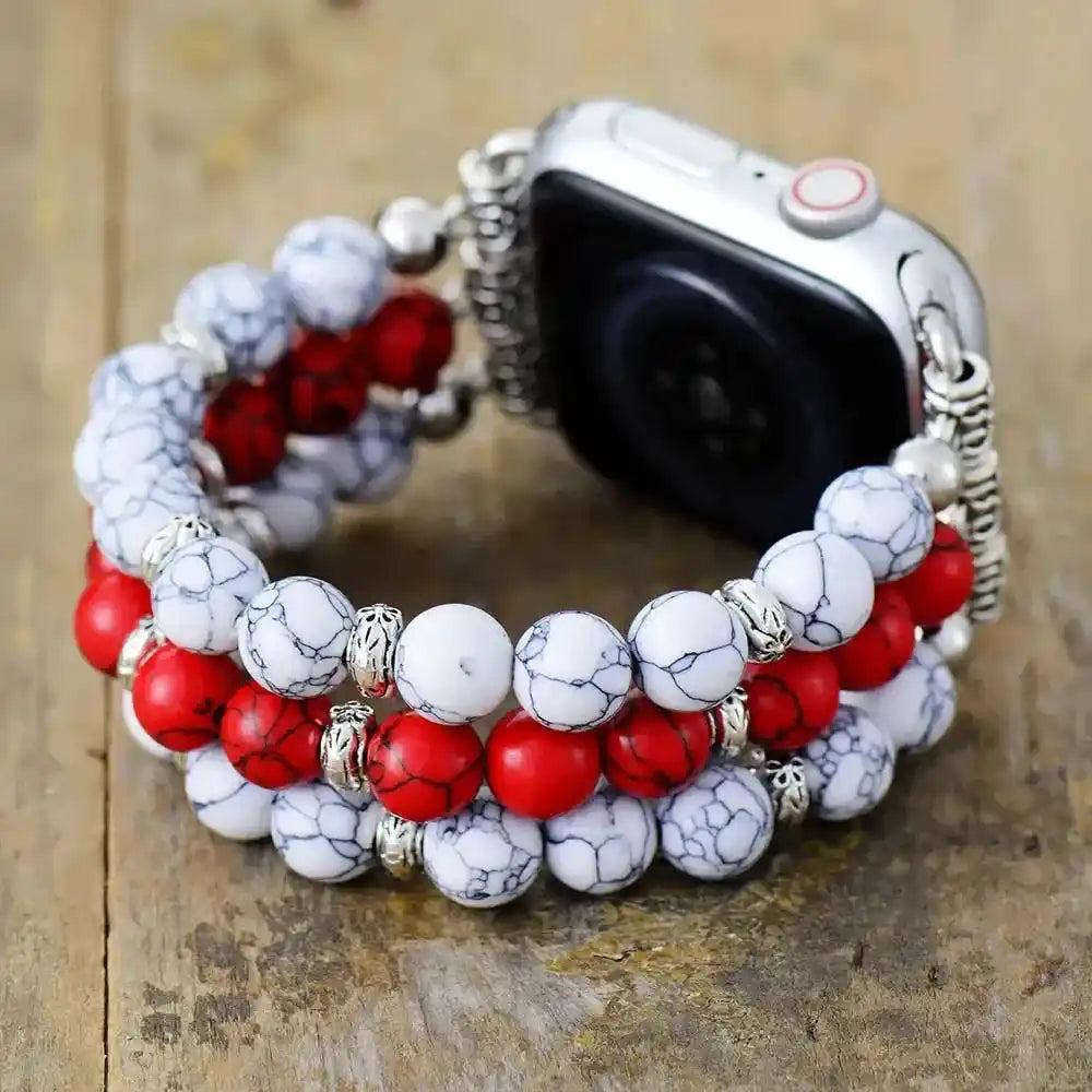 Howlite and red beaded Apple Watch band by Crystal Destiny, promoting calm and stress relief.
