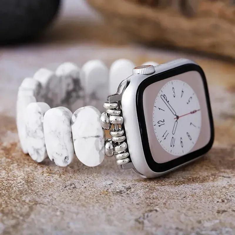 Crystal Destiny Howlite Beaded Apple iWatch Band with white marble-like stones and silver connectors, promoting calm.