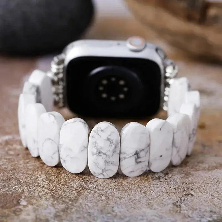 White Howlite Beaded Apple iWatch Band by Crystal Destiny, featuring polished oval stones with grey veining.