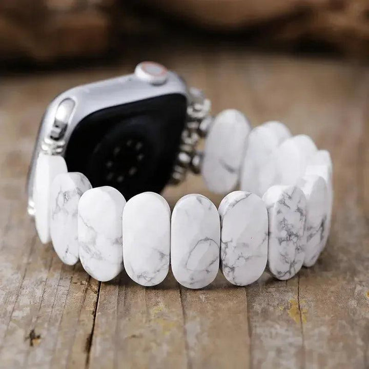 Crystal Destiny Howlite Beaded Apple iWatch Band with white marble-like stones and grey veining for calming energy.