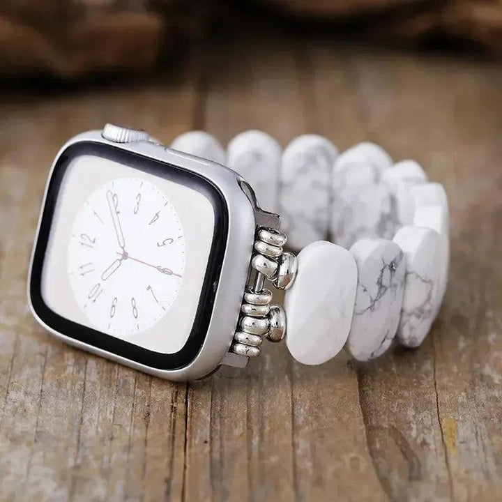 Crystal Destiny Howlite Beaded Apple iWatch Band with white marble-like stones and silver connectors.