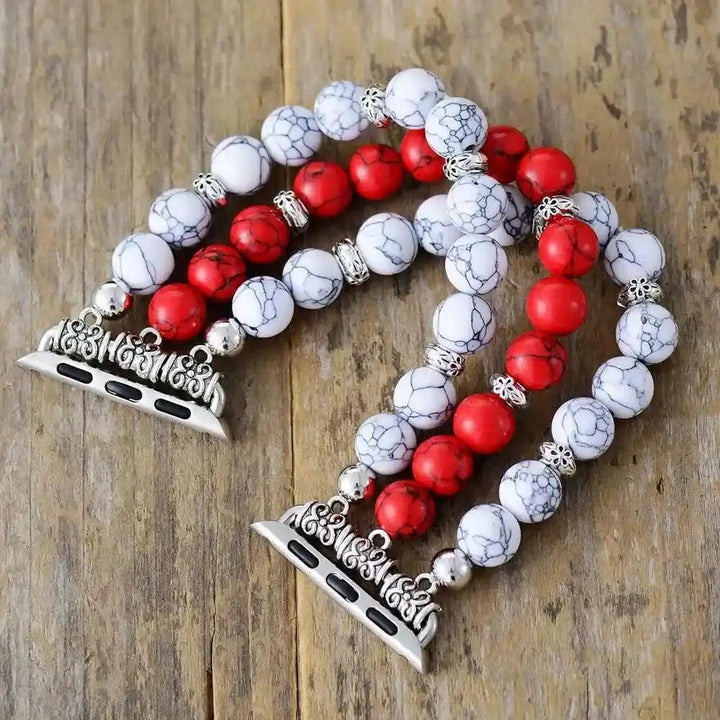 Howlite Beaded Apple Watch Band with calming white and red stones, promoting stress relief.