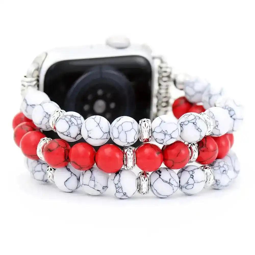 Howlite Beaded Apple Watch Band with white and red howlite stones, promoting calm and style.