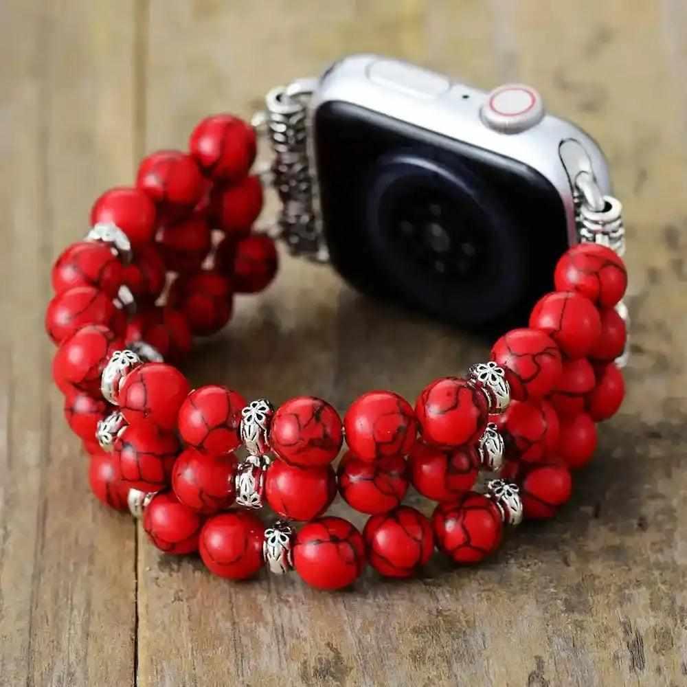 Red Fire Howlite Crystal Beaded Stretch Apple Watch Band Strap for peace and tranquility.