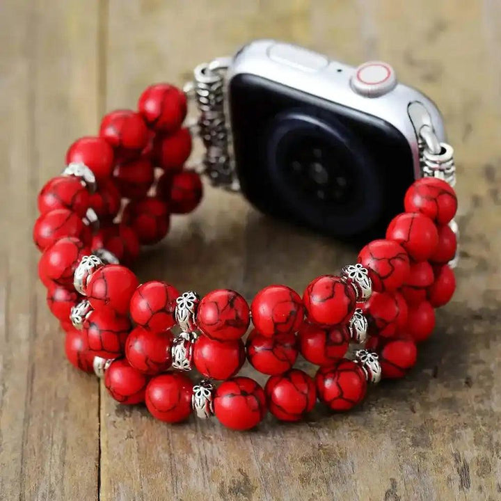 Red Howlite Beaded Apple Watch Band for calm and stress relief. Handcrafted with natural stones.
