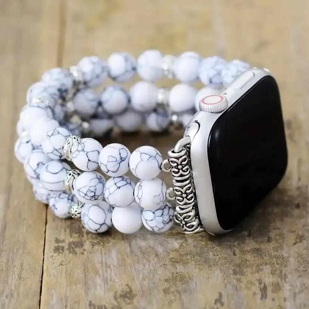 Howlite Crystal Beaded Stretch Apple Watch Band Strap with calming white and gray marbled beads.