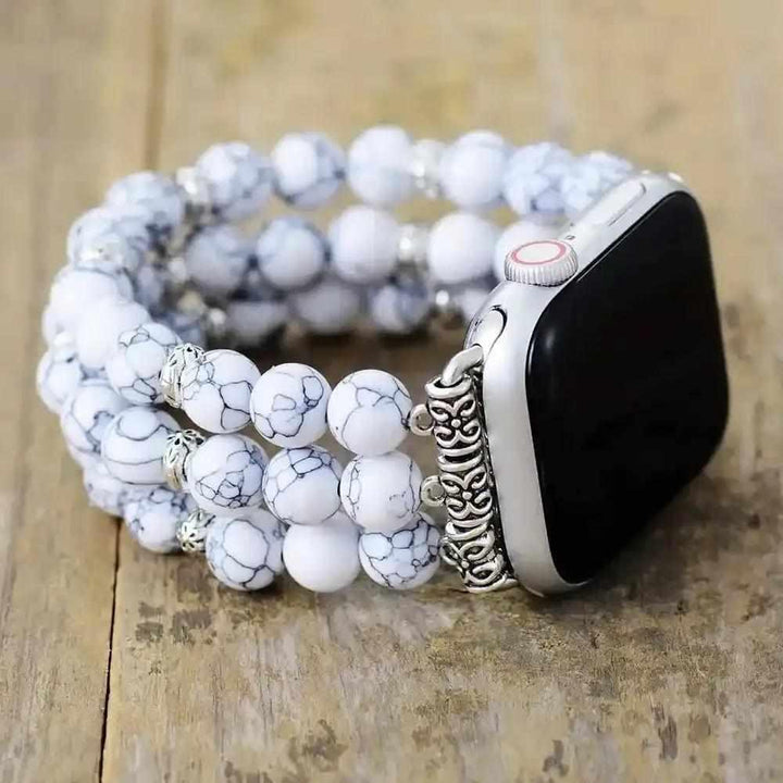 Howlite Crystal Beaded Stretch Apple Watch Band Strap with calming white and gray marbled beads.