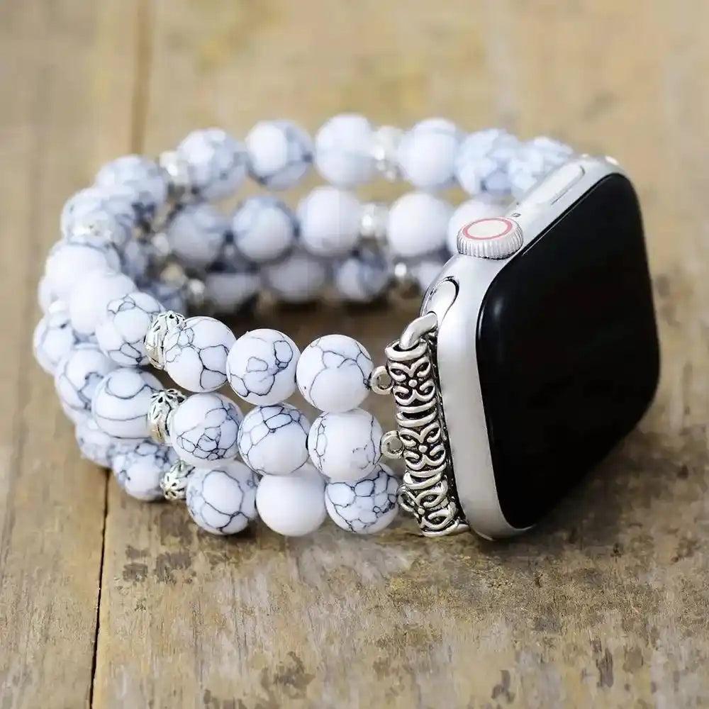 Howlite Beaded Apple Watch Band with white and gray marbled stones, promoting calm and style.