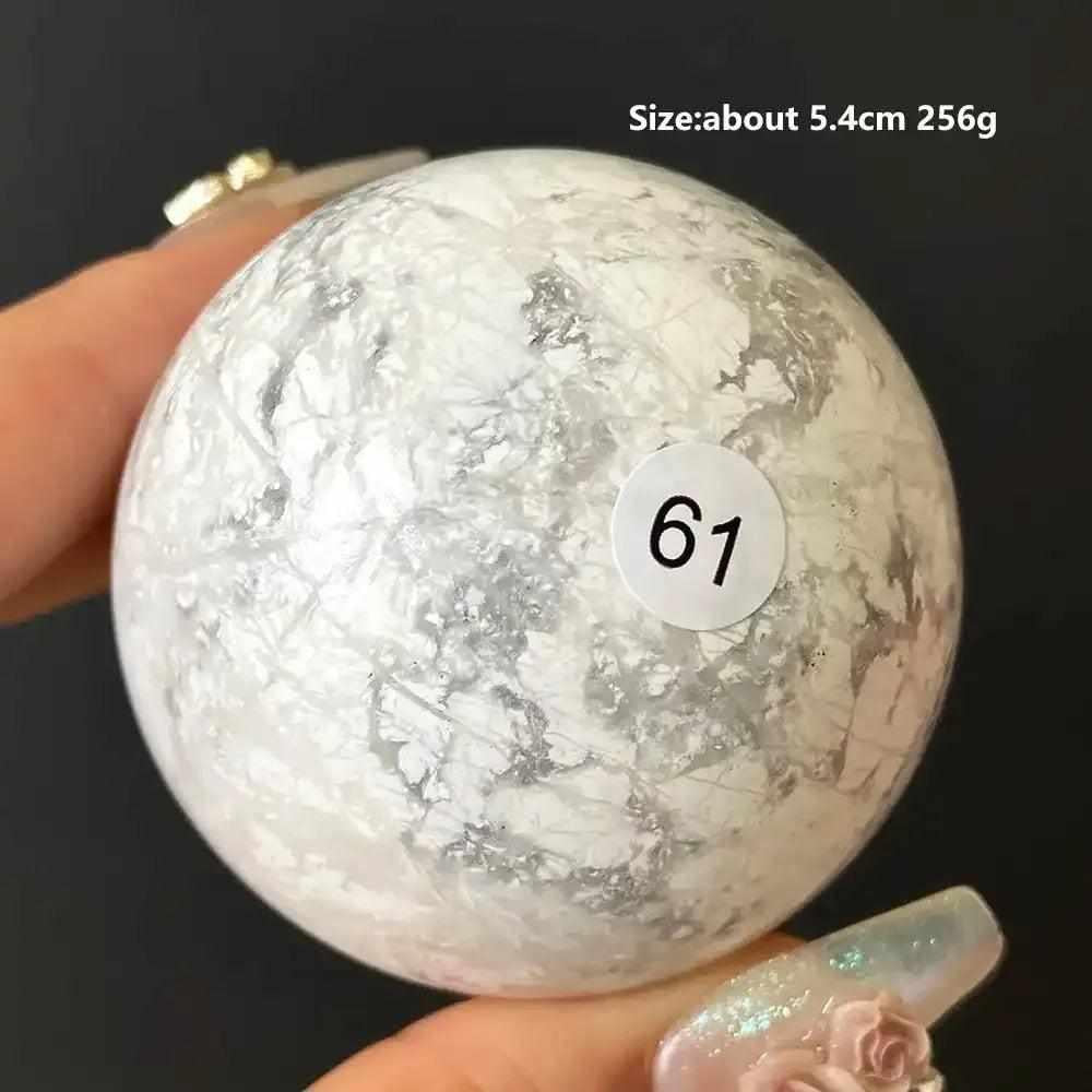 Polished 5.4cm Howlite sphere 61 with creamy white stone and delicate gray veining for Crown Chakra calm and balance.