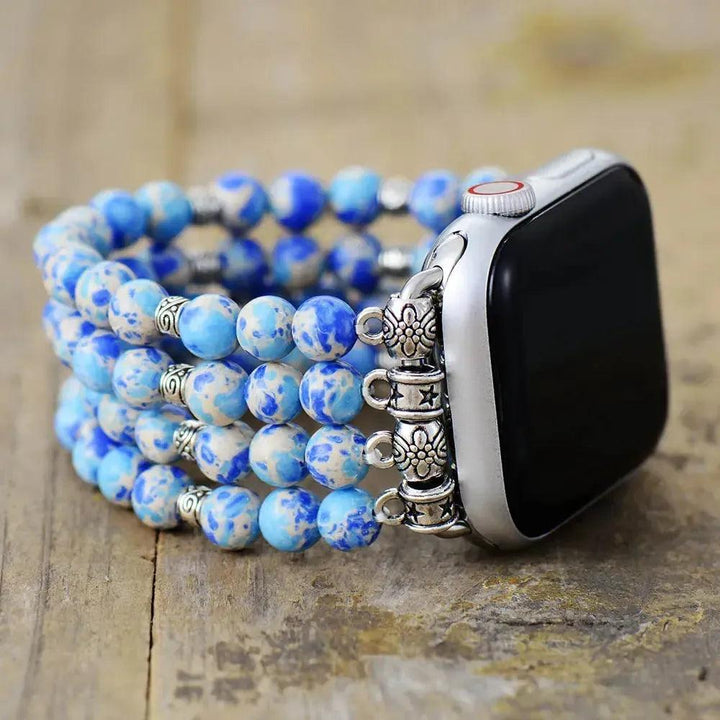 Crystal Destiny's blue Imperial Jasper Apple Watch band, 38-49mm, with three elastic strands and silver accents.
