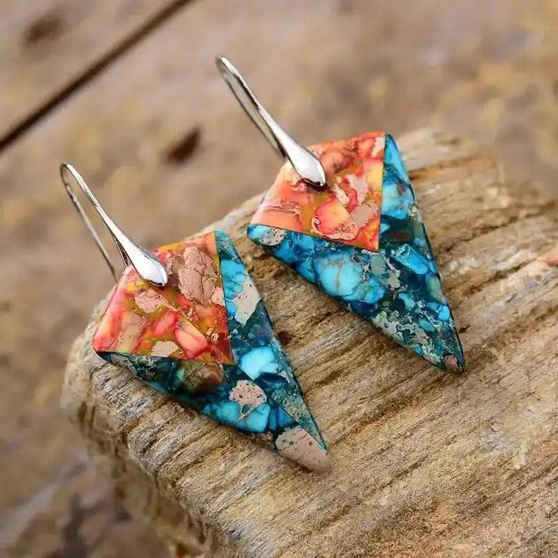Imperial Jasper Arrowhead Earrings by Crystal Destiny, featuring vibrant blue, orange, and beige natural stones.