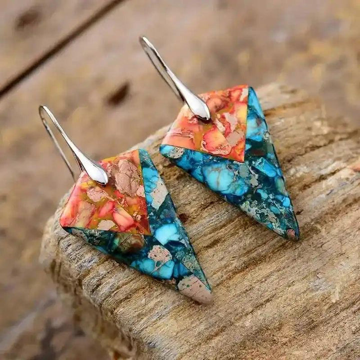 Imperial Jasper Arrowhead Earrings by Crystal Destiny, featuring vibrant blue, orange, and beige natural stones.