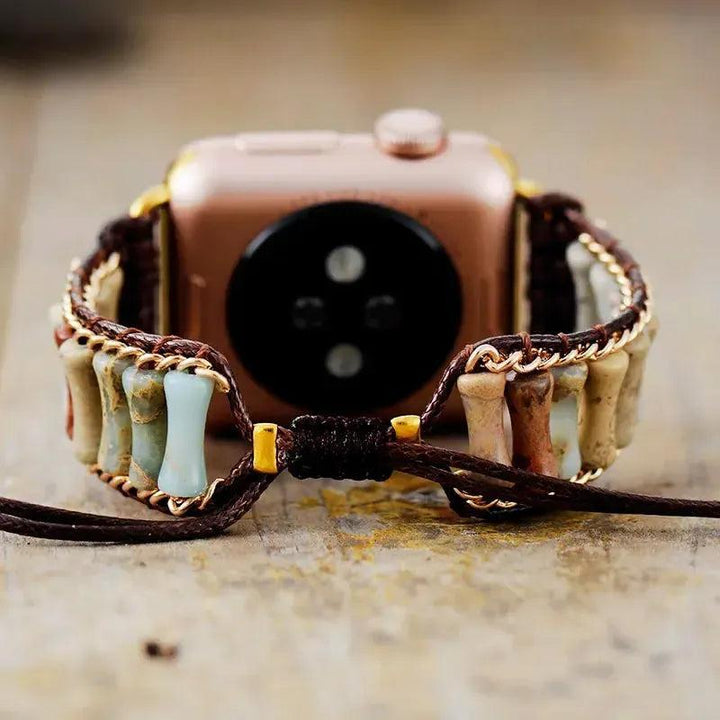 Imperial Jasper Bamboo Beaded Apple iWatch Band by Crystal Destiny, featuring earthy tones and a spiritual design.