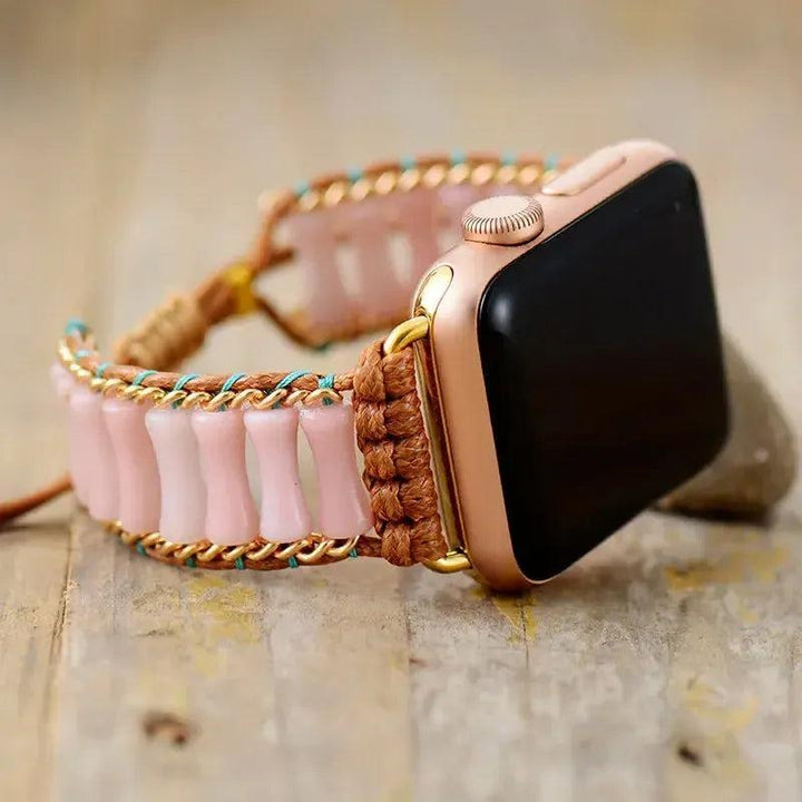 Imperial Jasper Bamboo Beaded Apple iWatch Band by Crystal Destiny, featuring pink jasper beads and braided brown cord.