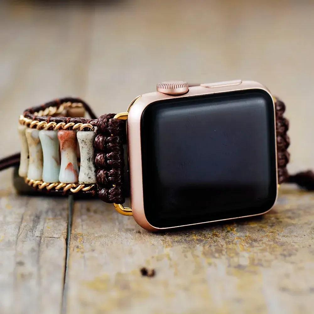 Imperial Jasper Bamboo Beaded Apple iWatch Band with earthy jasper, bamboo, and braided brown cord for grounding energy.