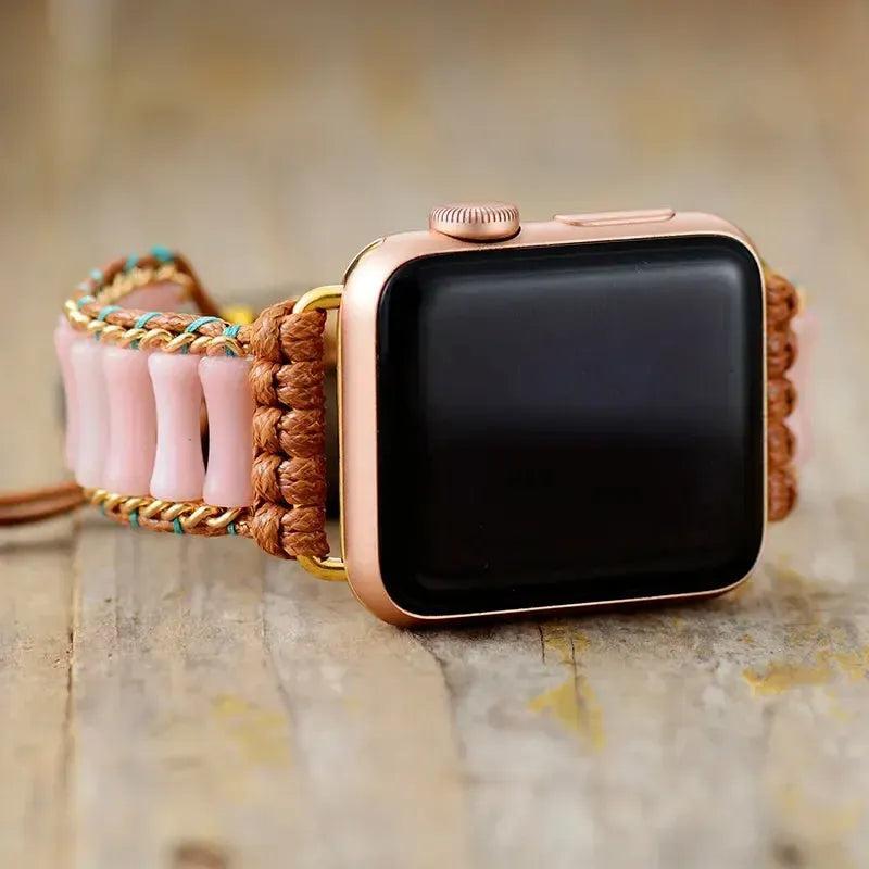 Imperial Jasper Bamboo Beaded Apple iWatch Band with nurturing pink jasper, natural bamboo, and brown braided cord.