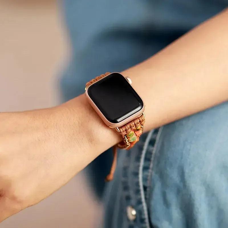 Bohemian Imperial Jasper Wrap Apple iWatch Band with grounding purple and earthy tones, handcrafted for unique style.