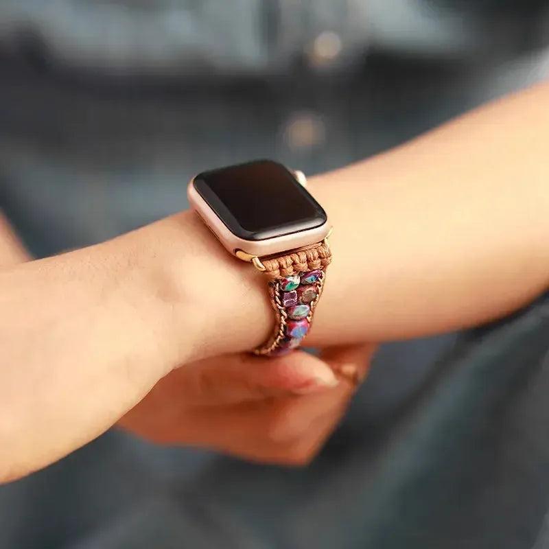 Purple Imperial Jasper Wrap Apple iWatch Band, handcrafted with natural stones for bohemian style and grounding energy.
