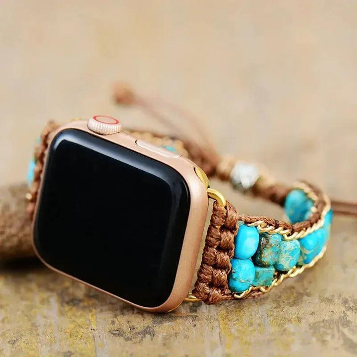 Bohemian Imperial Jasper Wrap Apple iWatch Band with turquoise stones, gold accents, and brown vegan rope.
