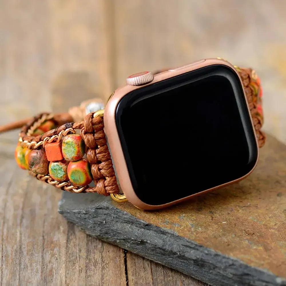 Bohemian Imperial Jasper Wrap Apple iWatch Band with grounding, nurturing energy. Handcrafted with purple jasper beads and vegan rope.