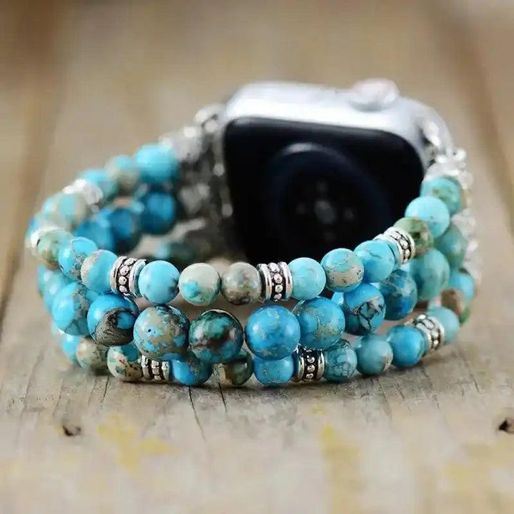 Crystal Destiny Imperial Jasper Apple Watch band with blue-green beaded stones for grounding energy.