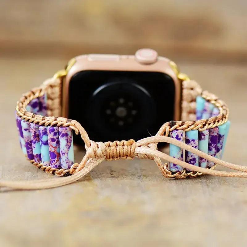 Crystal Destiny Imperial Jasper Apple Watch band with purple and blue beads, promoting emotional stability.