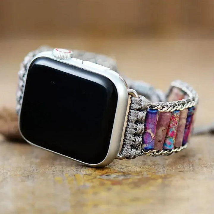 Imperial Jasper Beaded Apple iWatch Band by Crystal Destiny, featuring earthy tones, macrame, and silver accents.