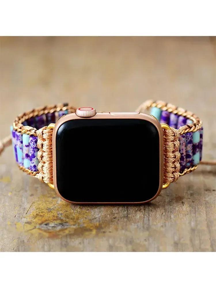 Imperial Jasper Beaded Apple iWatch Band by Crystal Destiny, featuring purple and blue earth-toned stones.