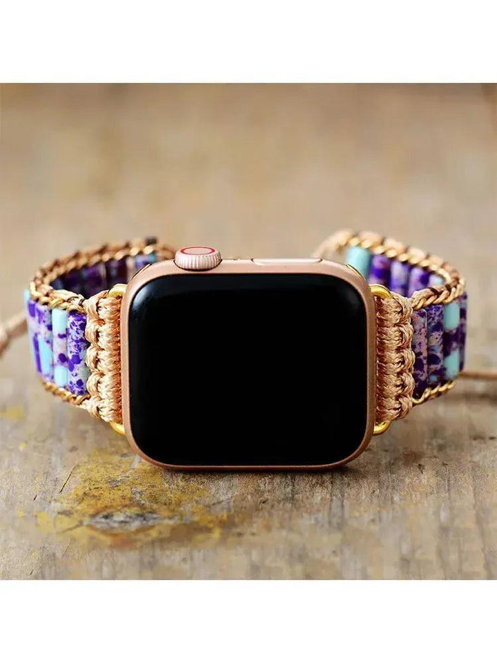 Imperial Jasper Beaded Apple iWatch Band by Crystal Destiny, featuring purple and blue earth-toned stones.