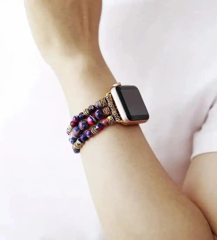 Imperial Jasper Beaded Apple Watch Band by Crystal Destiny, featuring vibrant blue and pink stones with gold accents.