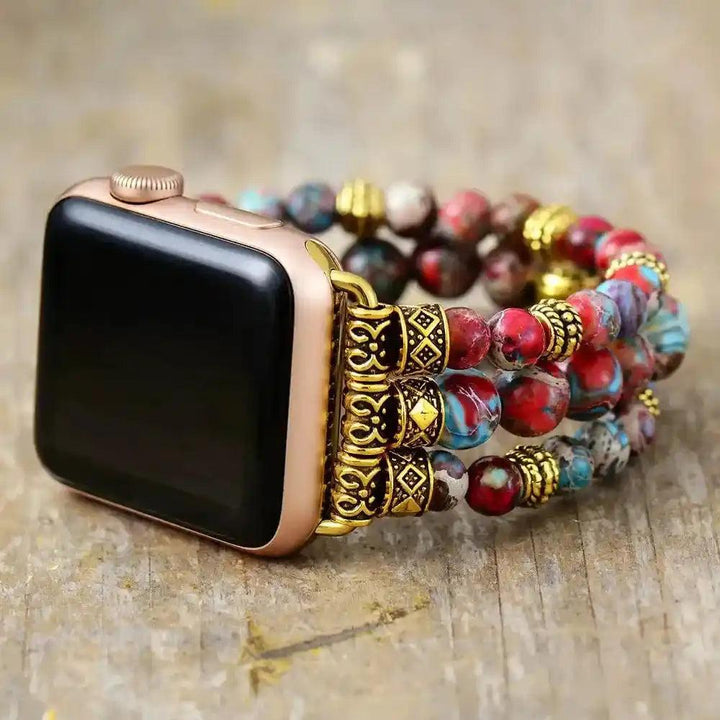 Crystal Destiny Imperial Jasper Apple Watch band with colorful beaded strap and gold accents, offering grounding energy.