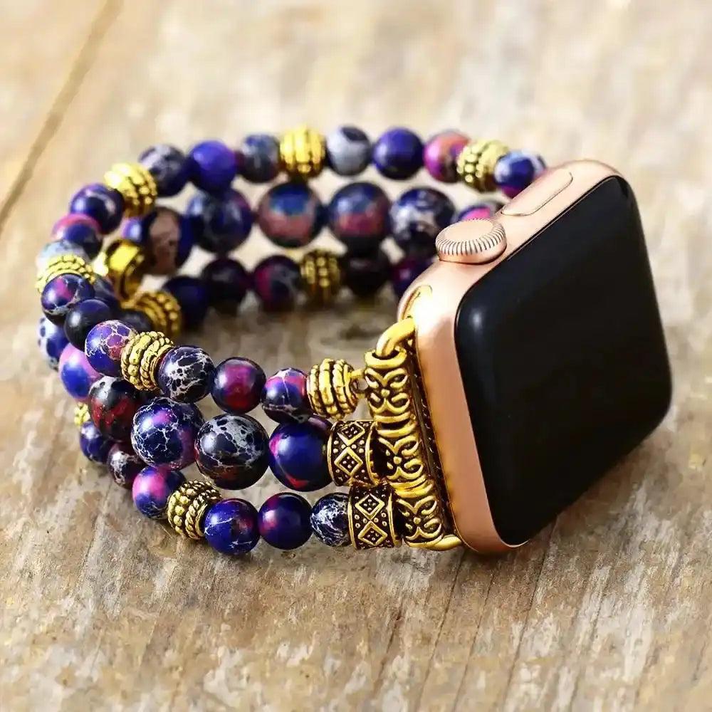 Imperial Jasper beaded Apple Watch band by Crystal Destiny, featuring purple, blue, and pink stones with gold accents.