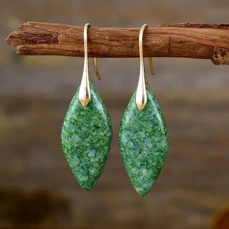 Crystal Destiny Imperial Jasper Boho Huggie Earrings: green speckled stones, gold hooks, grounding energy.