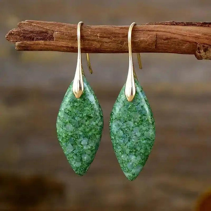 Crystal Destiny Imperial Jasper Boho Huggie Earrings: green speckled stones, gold hooks, grounding energy.
