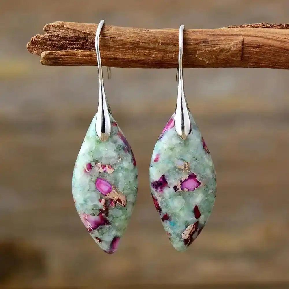 Imperial Jasper Boho Huggie Earrings from Crystal Destiny, featuring unique earthy patterns in green and pink, with silver-plated hooks.