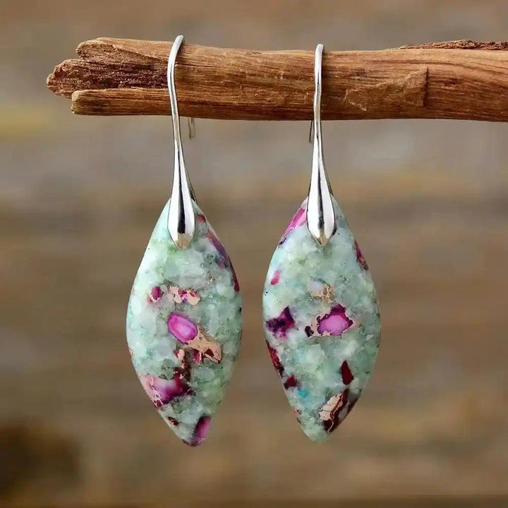 Imperial Jasper Boho Huggie Earrings from Crystal Destiny, featuring unique earthy patterns in green and pink, with silver-plated hooks.