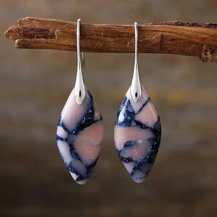 Imperial Jasper Boho Huggie Earrings from Crystal Destiny, featuring unique pink and blue patterned stones on silver hooks.
