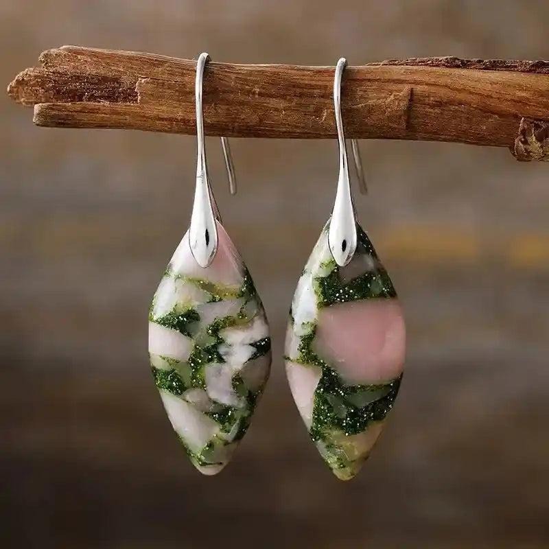 Imperial Jasper Boho Huggie Earrings from Crystal Destiny, featuring unique pink and green earthy patterns on silver hooks.