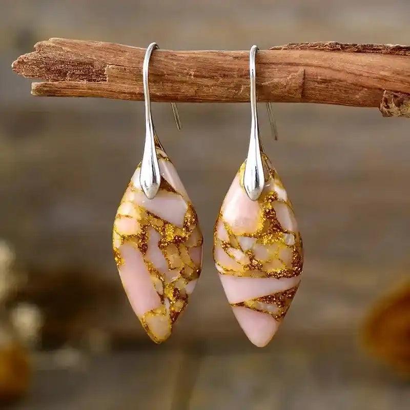 Crystal Destiny Imperial Jasper Boho Huggie Earrings: pink and gold marbled stones on silver hooks, offering balance and grounding.