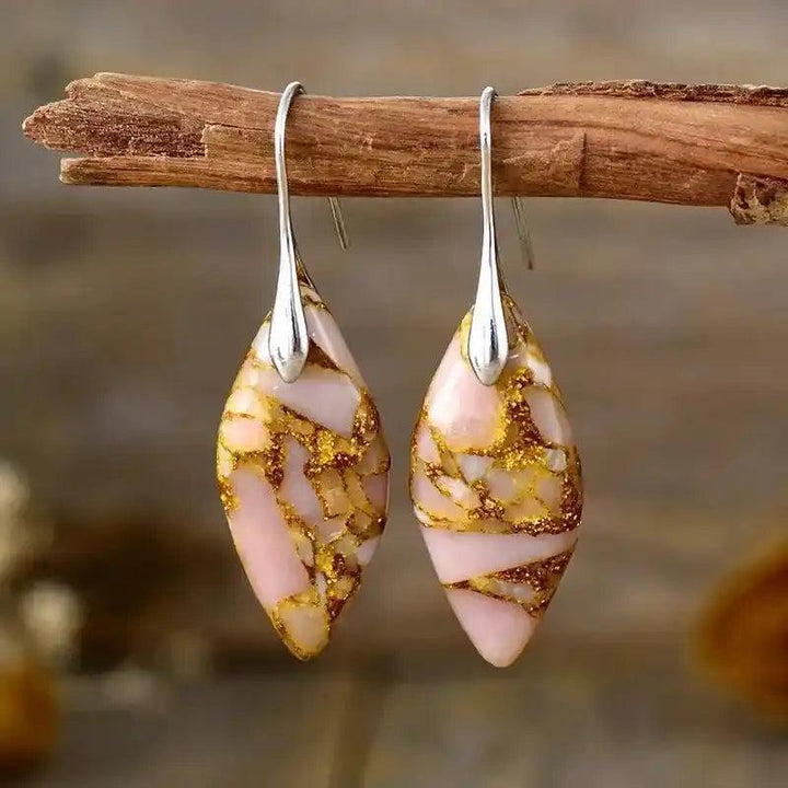 Crystal Destiny Imperial Jasper Boho Huggie Earrings: pink and gold marbled stones on silver hooks, offering balance and grounding.