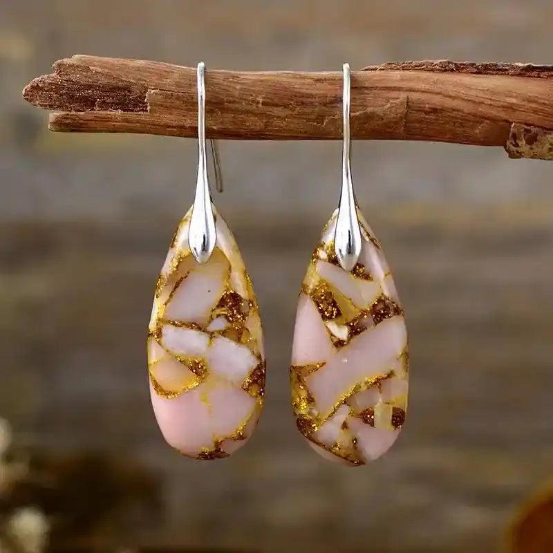 Imperial Jasper Boho Huggie Earrings from Crystal Destiny, featuring unique pink and gold earthy patterns on silver hooks.
