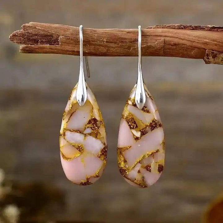 Imperial Jasper Boho Huggie Earrings from Crystal Destiny, featuring unique pink and gold earthy patterns on silver hooks.