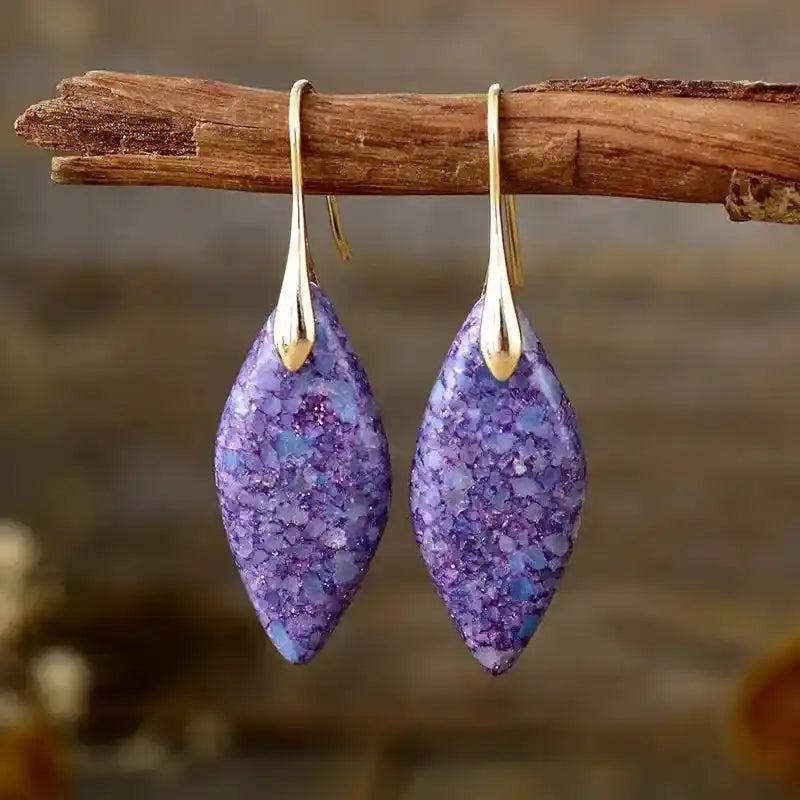 Crystal Destiny Imperial Jasper Boho Huggie Earrings with unique purple-blue stones and gold-plated hooks, promoting balance.