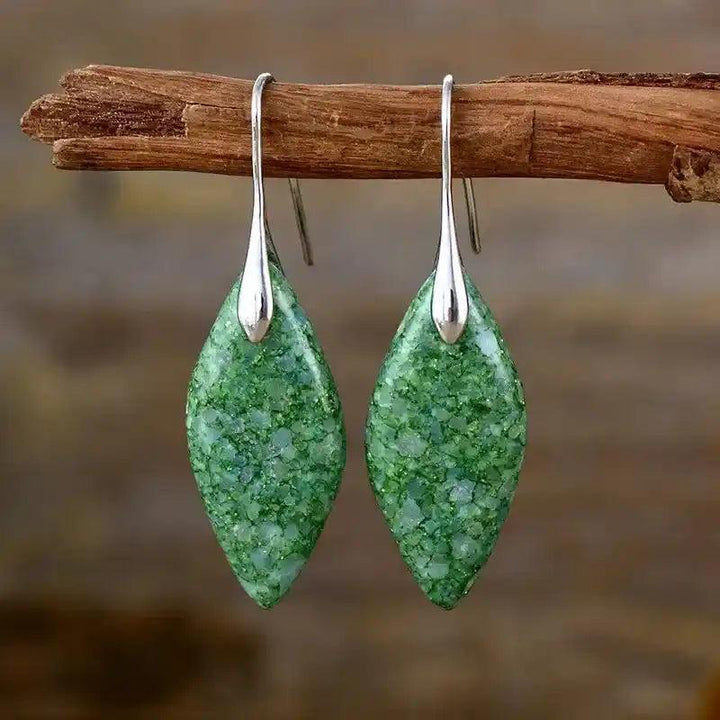 Imperial Jasper Boho Huggie Earrings: Green imperial jasper stones with unique earthy patterns, set in silver-plated hooks.