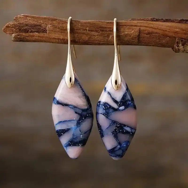 Imperial Jasper Boho Huggie Earrings: Chic dangle earrings with unique pink and blue earthy patterns, gold-plated hooks.