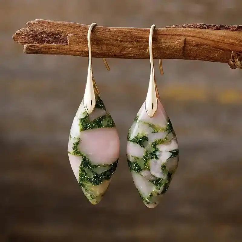 Imperial Jasper Boho Huggie Earrings: Natural imperial jasper with earthy green patterns, gold-plated hooks, chic dangle design.