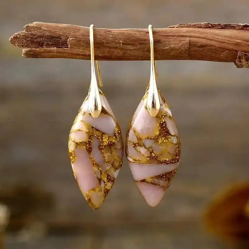 Imperial Jasper Boho Huggie Earrings: Pink and gold imperial jasper stones with unique earthy patterns on gold-plated hooks.