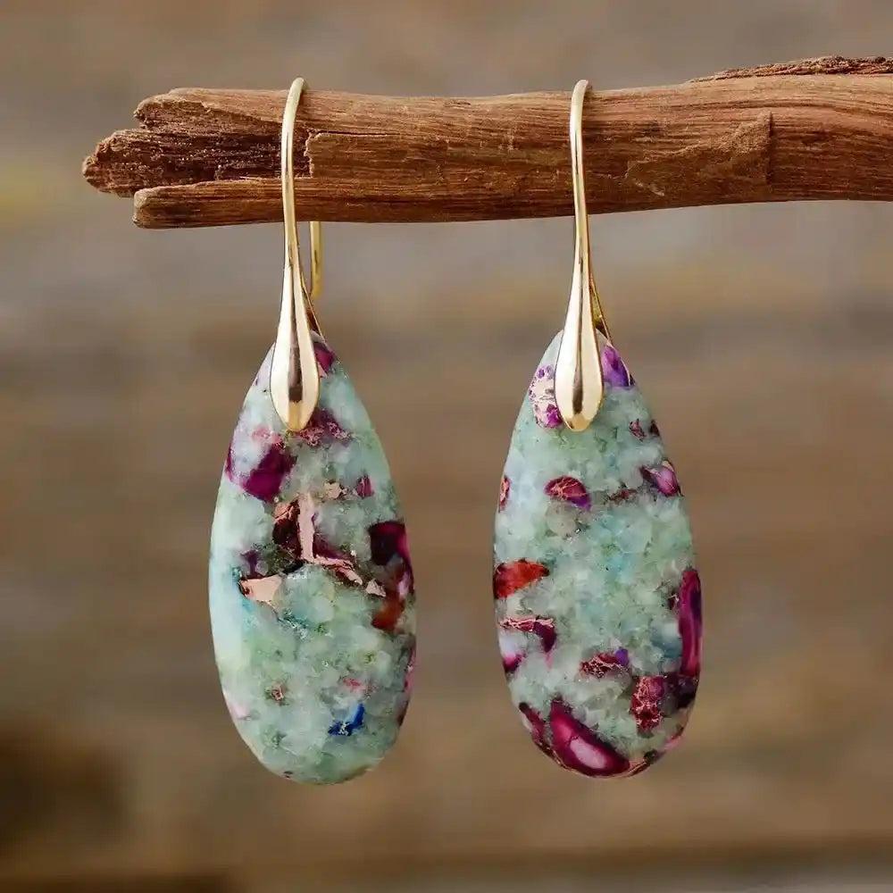 Imperial Jasper Boho Huggie Earrings: Teardrop imperial jasper stones with earthy patterns, gold-plated hooks, for stability and balance.
